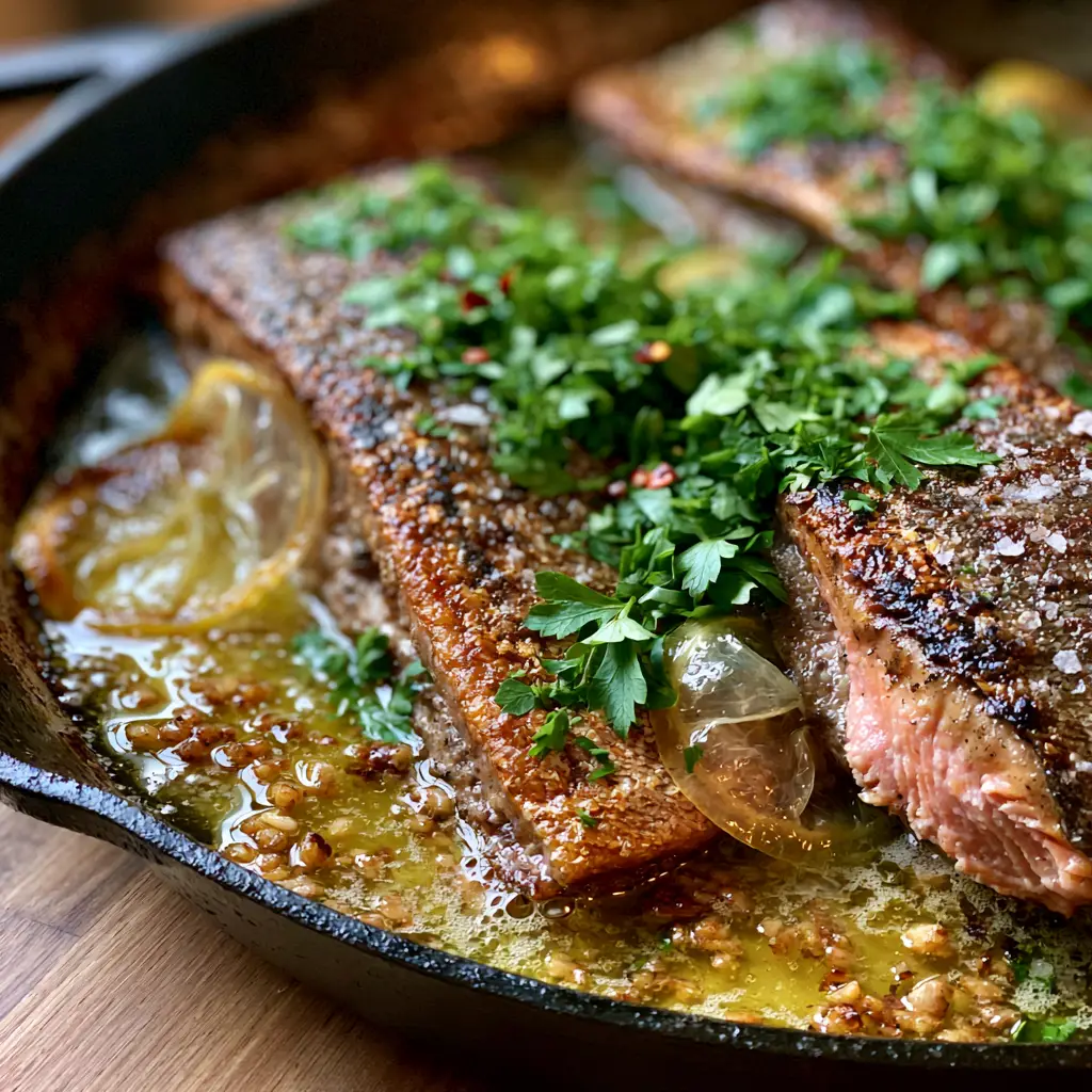Home 6 A top-down view of two Pan-seared rainbow trout fillets in a black cast iron skillet with bubbling butter and parsley.