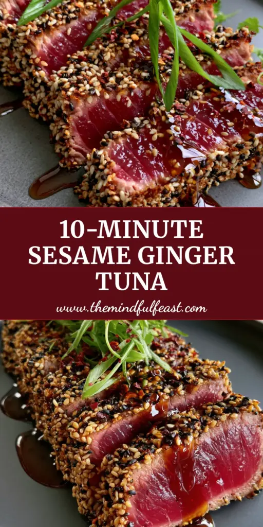 A macro photo of sliced Sesame Ginger Tuna Steak showing the rare ruby-pink center and crunchy sesame crust on a slate platter.