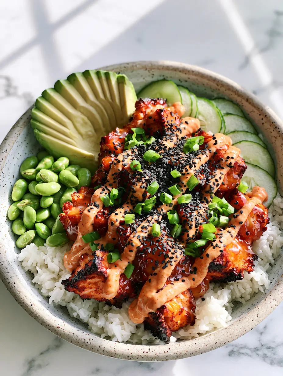 Salmon Rice Bowls with Charred Honey-Sriracha Glaze and Air-Fried Crispy Chunks 3 Overhead 45-degree angle of charred honey-sriracha salmon rice bowls in a speckled ceramic bowl. (salmon rice bowls)