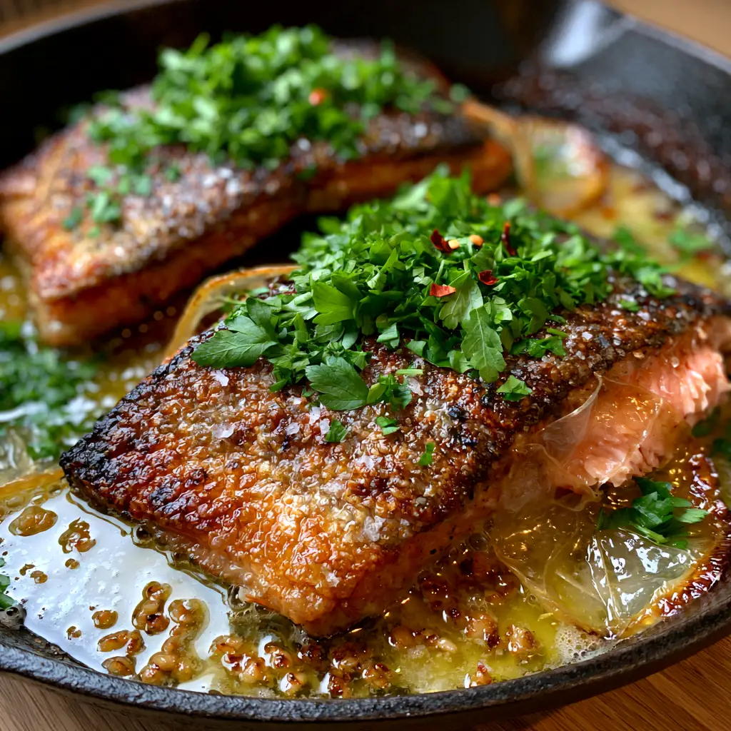 Pan-Seared Rainbow Trout with Crispy Skin and Lemon Garlic Butter 1 Detailed shot of moist pink trout meat and golden-brown crispy skin with garlic bits and lemon.
