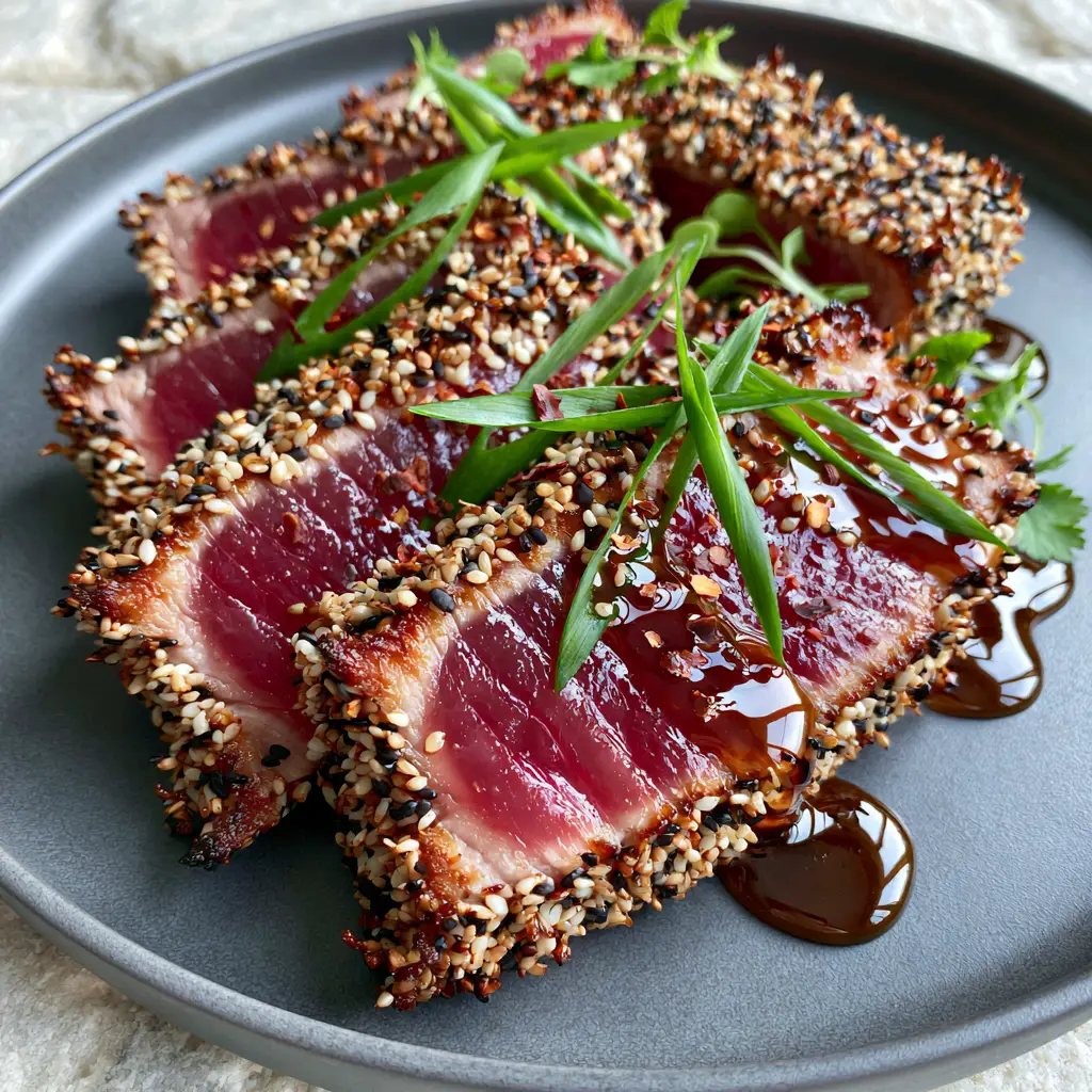 Slices of seared Ahi tuna encrusted in black and white sesame seeds with a glossy amber glaze. (Sesame Ginger Tuna Steak)