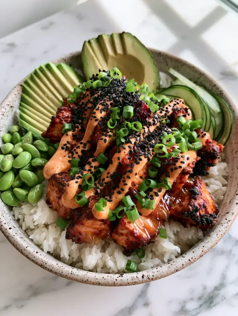Salmon Rice Bowls with Charred Honey-Sriracha Glaze and Air-Fried Crispy Chunks 1 Close up of sriracha mayo drizzle and black sesame seeds on salmon rice bowls.
