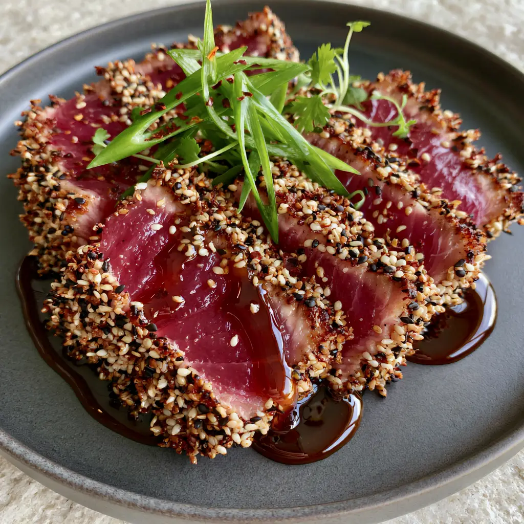 Macro view of thick ginger soy glaze reflecting light over a Sesame Ginger Tuna Steak medallion.