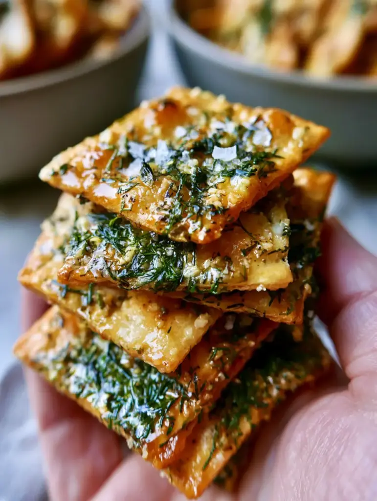 Macro photography of seasoned saltine crackers with a savory oil glaze and green dill. (Dill pickle saltines)