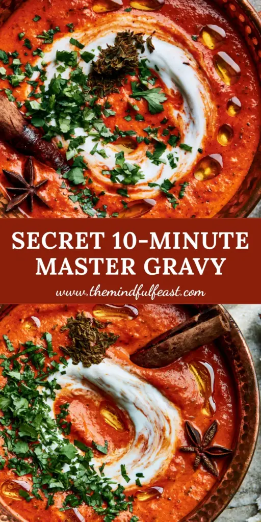 Traditional Indian Foods: The Ultimate Restaurant-Style Master Gravy 4 A rustic copper bowl filled with vibrant orange-red gravy, featuring a cream swirl and charred garlic naan on the side. (traditional Indian foods)