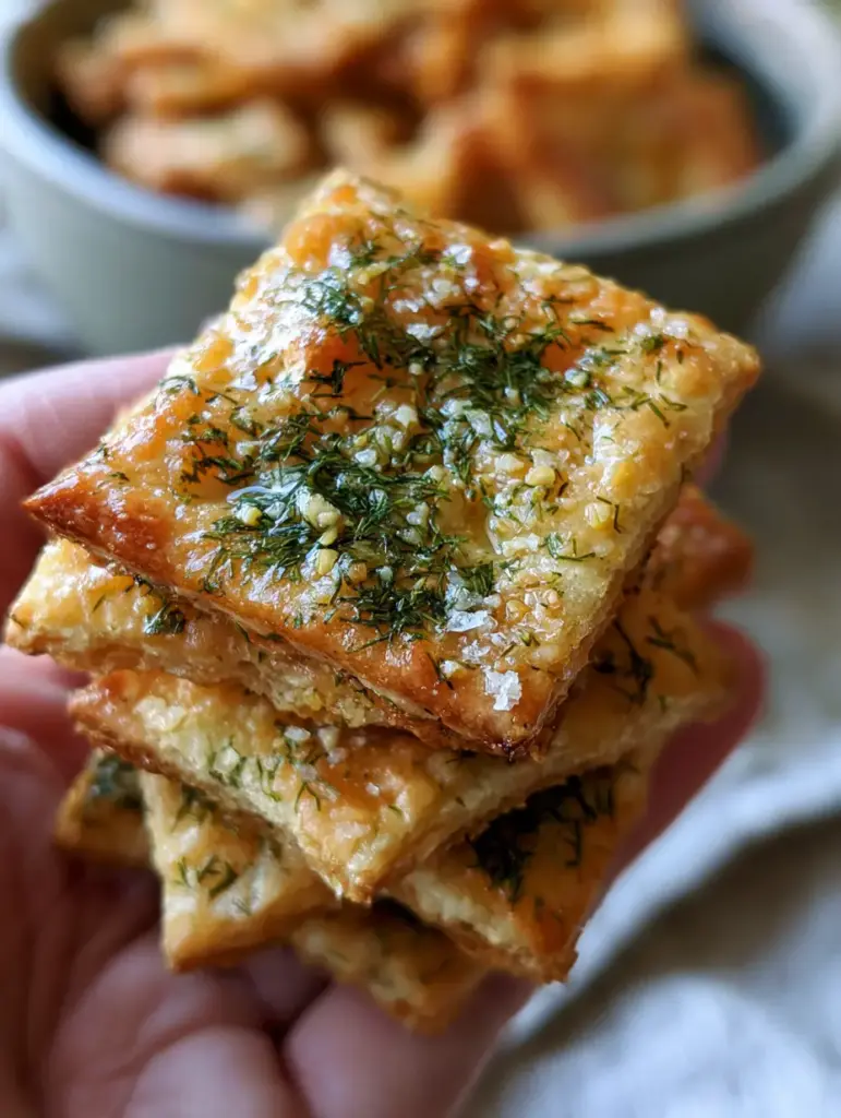 Dill pickle saltines: The Ultimate Crispy Seasoned Snack 1 A pile of golden-brown seasoned saltines in a ceramic bowl under bright natural daylight.