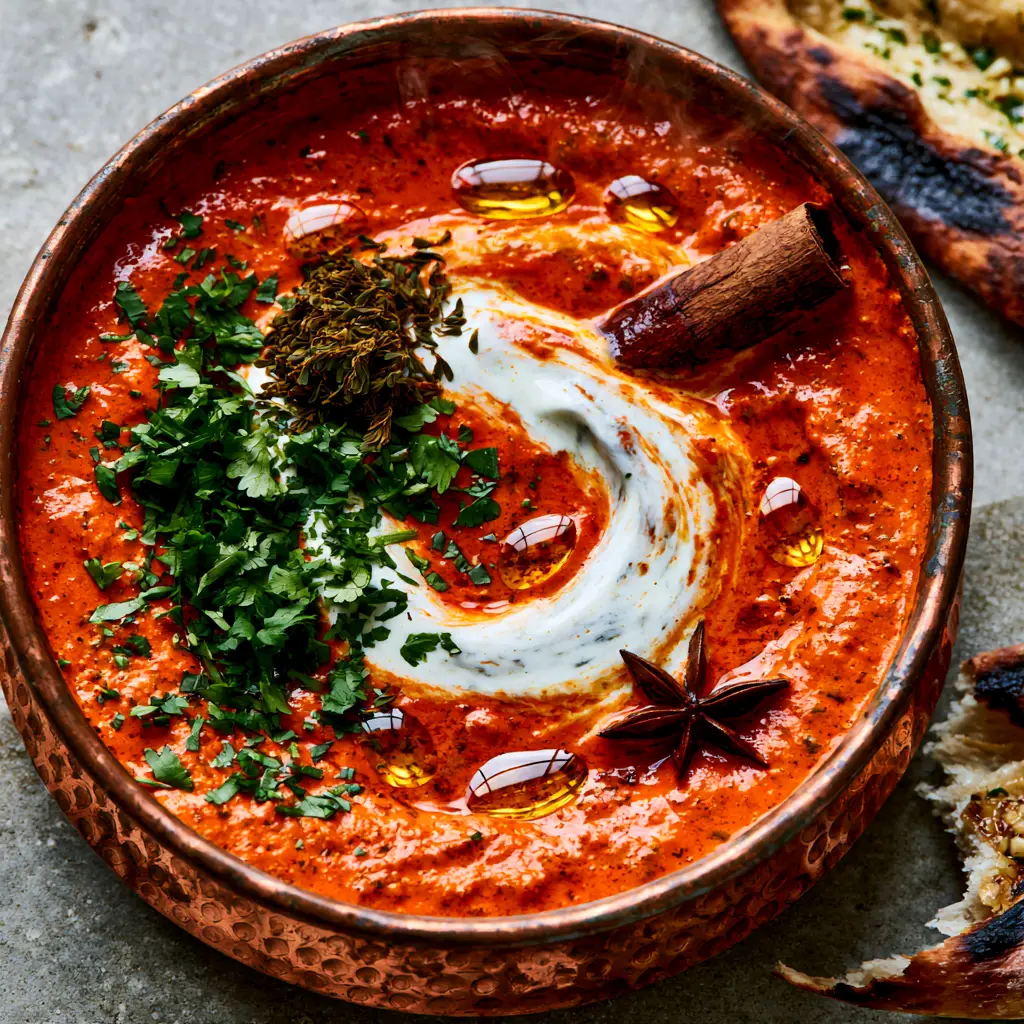 Traditional Indian Foods: The Ultimate Restaurant-Style Master Gravy 1 A top-down view of a hammered copper bowl with marbled cream and star anise in a vibrant gravy.