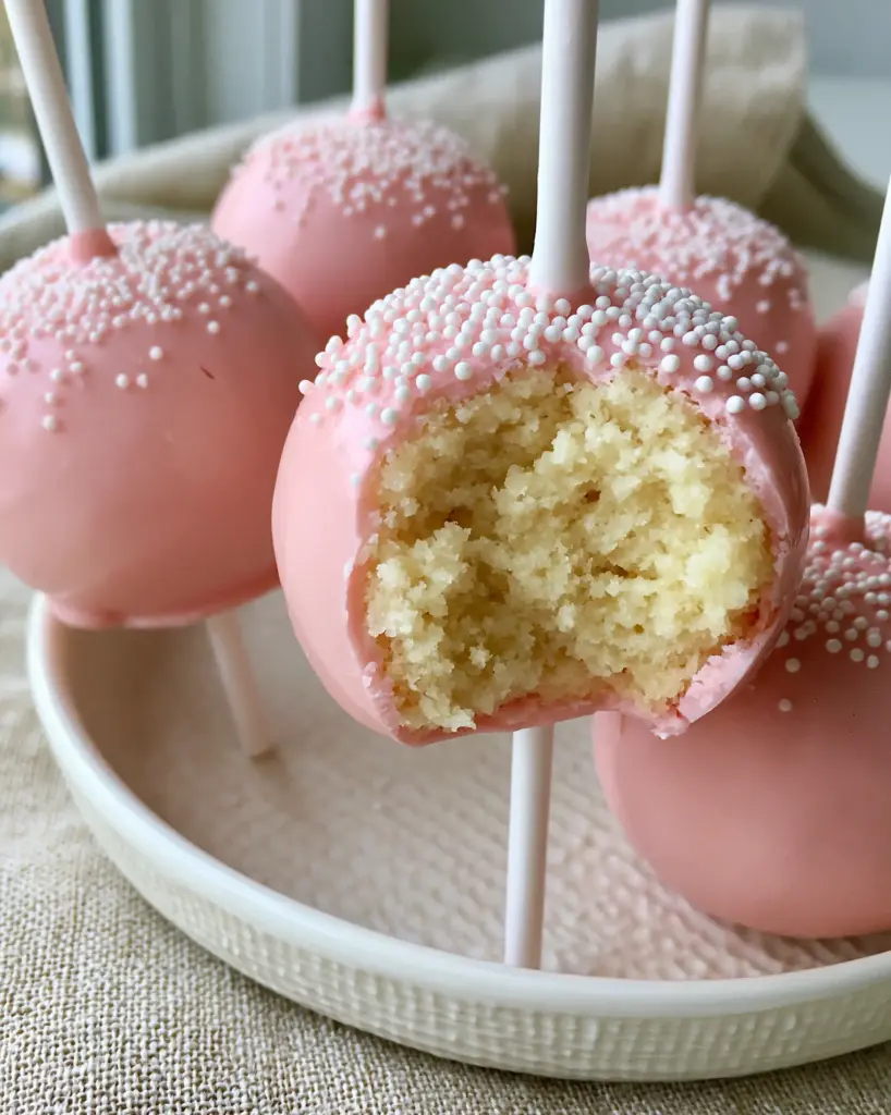Cake Pop Recipes: The Ultimate Secret to Professional Pink Vanilla Pops 1 Several pink cake pops with white nonpareil sprinkles on a textured ceramic dish. (cake pop recipes)