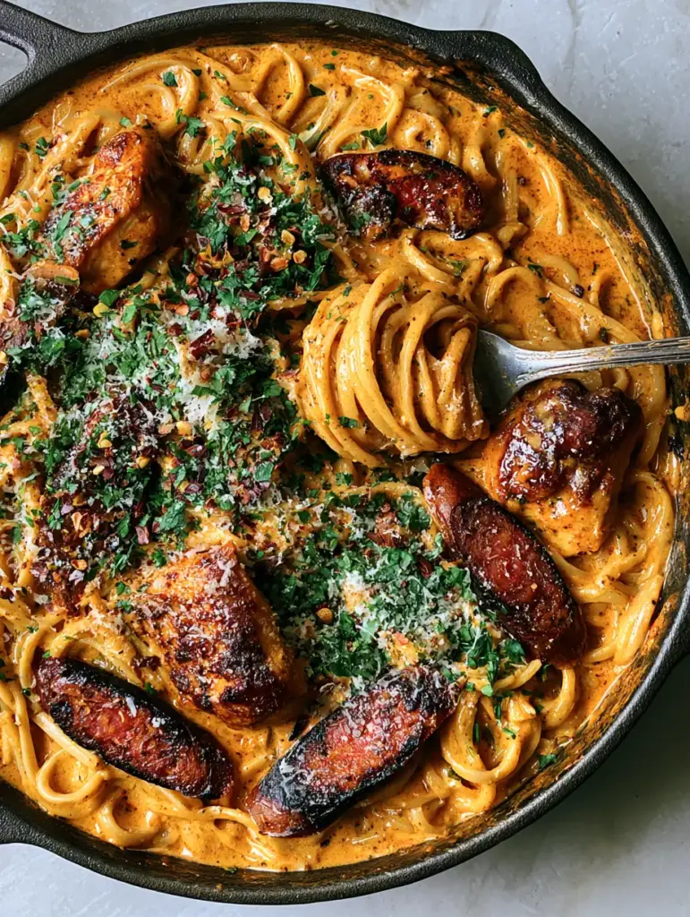 Cajun Sausage and Chicken Linguine with a Velvety Cream Sauce 1 A fork lifting a swirl of Cajun Sausage and Chicken Linguine showing the thick, glossy sauce texture.