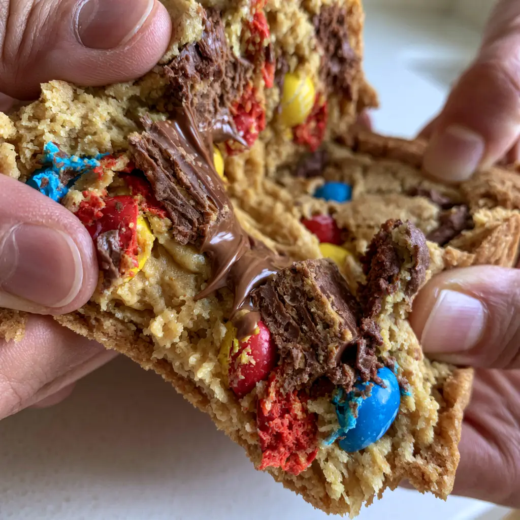 soft m&m chocolate chip cookies: The Ultimate Giant Bakery-Style Recipe 2 Smartphone photo of a thick cookie with red, yellow, and blue M&Ms and melted milk chocolate chunks. (soft m&m chocolate chip cookies)