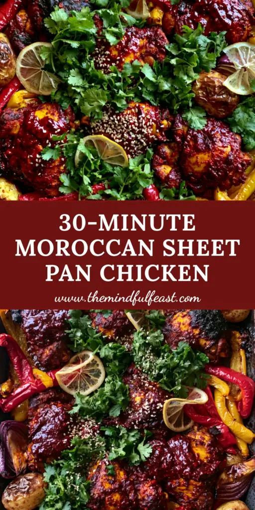 Moroccan Harissa Chicken: The Ultimate Sheet Pan Dinner with Blistered Potatoes 4 Overhead view of a rustic sheet pan with Moroccan Harissa Chicken, blistered potatoes, and charred peppers.