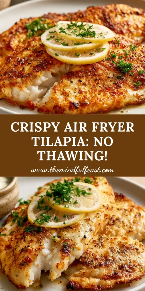 Air Fryer Tilapia: The Ultimate Crispy Golden-Brown Fillets 4 Two golden-brown Air Fryer Tilapia fillets on a white plate with lemon slices and parsley garnish.