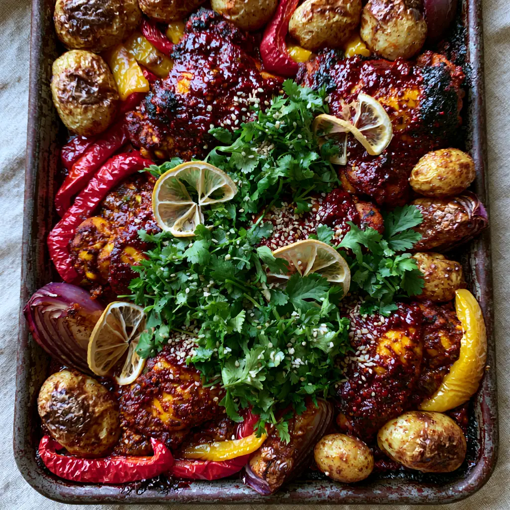 Moroccan Harissa Chicken: The Ultimate Sheet Pan Dinner with Blistered Potatoes 2 Close up of charred Moroccan Harissa Chicken thighs with glistening red glaze and roasted garlic.
