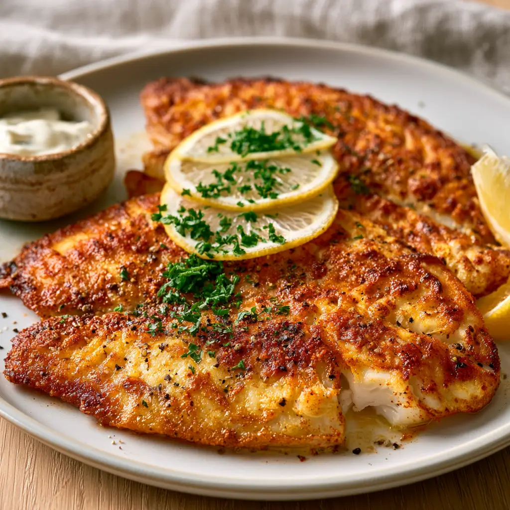 Air Fryer Tilapia: The Ultimate Crispy Golden-Brown Fillets 2 A close-up 45-degree angle shot of two golden-brown Air Fryer Tilapia fillets showing flaky white fish interior.