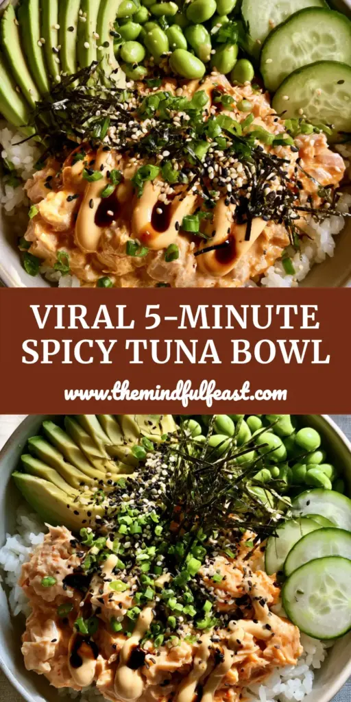 A minimalist ceramic bowl filled with a Canned Tuna Bowl featuring fanned avocado, edamame, and spicy mayo drizzle.