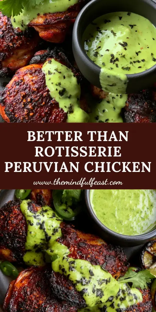 Peruvian Chicken with Crispy Mahogany Skin and Creamy Aji Verde Sauce 3 A top-down view of grilled Peruvian Chicken thighs with crispy mahogany skin, served with creamy green Aji Verde sauce and scorched lime wedges on a dark plate.