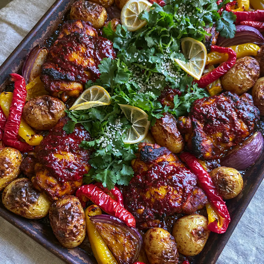 Moroccan Harissa Chicken: The Ultimate Sheet Pan Dinner with Blistered Potatoes 1 A high-angle shot of a sheet pan filled with Harissa chicken, cilantro garnish, and lemon slices.