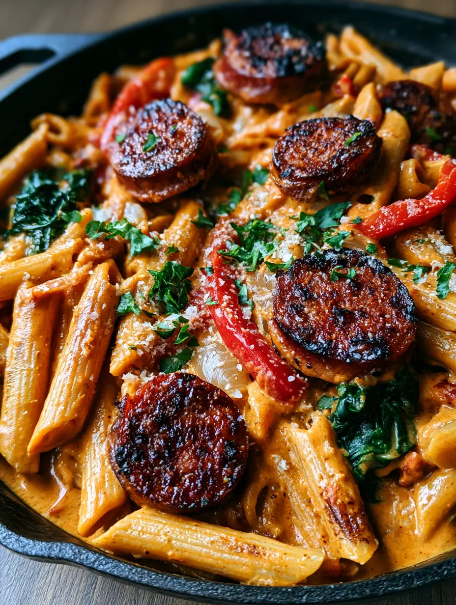 Creamy Spicy Cajun Sausage Pasta: The Ultimate One-Skillet Comfort Meal 3 Extreme close-up of Creamy Spicy Cajun Sausage Pasta showing the velvety orange sauce and crispy sausage edges.