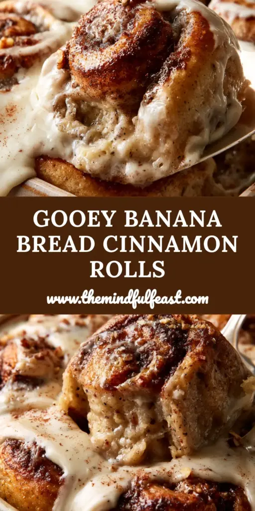 Banana Bread Cinnamon Rolls with Gooey Cream Cheese Frosting 4 A rustic dish of golden-brown banana bread cinnamon rolls smothered in melting white cream cheese frosting and toasted pecans.