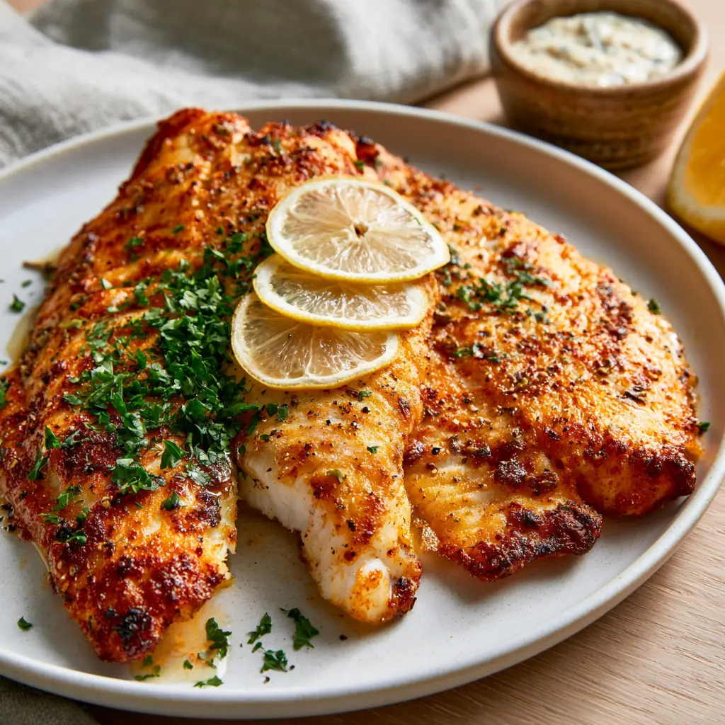 Air Fryer Tilapia: The Ultimate Crispy Golden-Brown Fillets 1 Close up shot of glistening Air Fryer Tilapia with charred edges and smoked paprika seasoning.