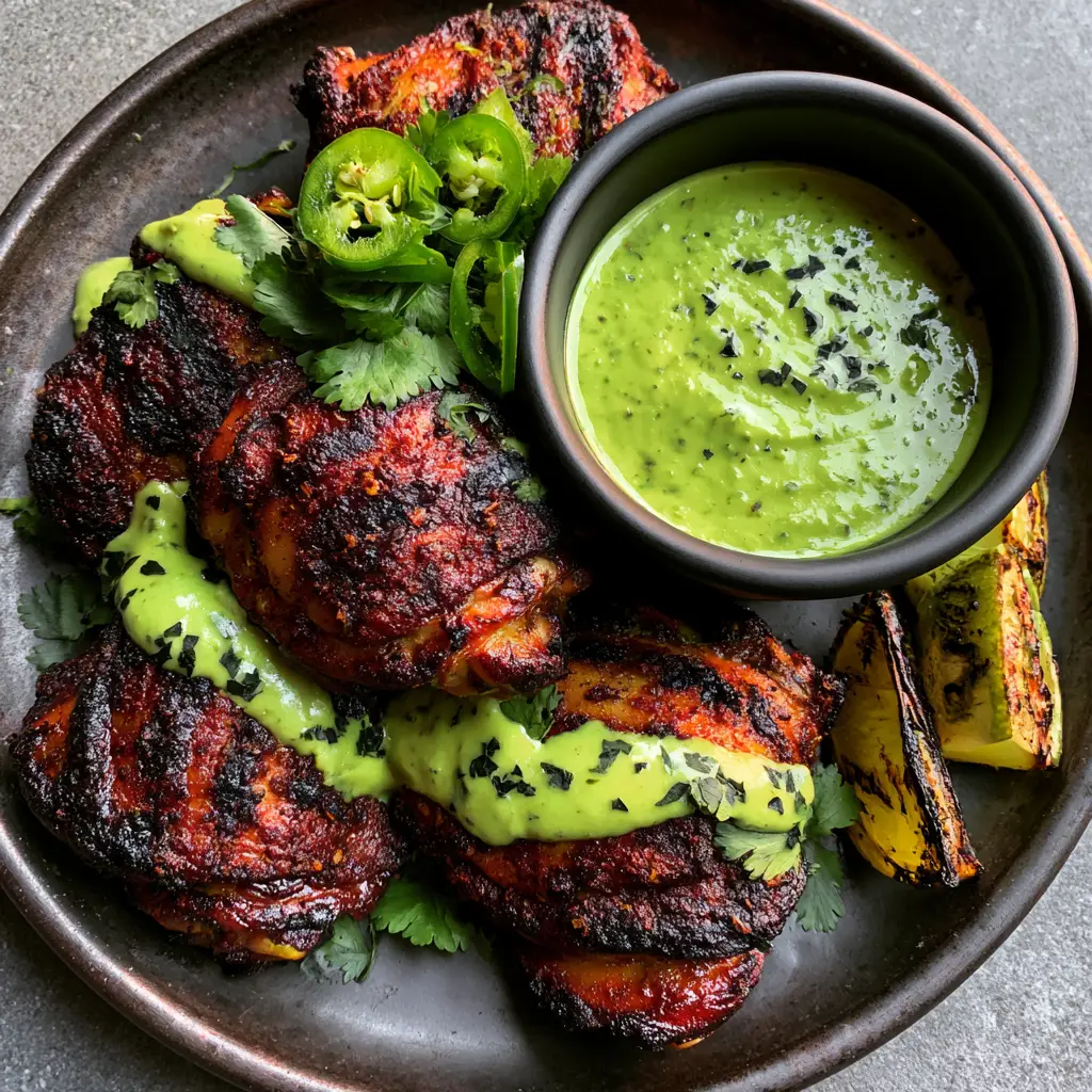 Peruvian Chicken with Crispy Mahogany Skin and Creamy Aji Verde Sauce 2 Close up of charred Peruvian Chicken thighs showing the spice rub grains and glistening skin.