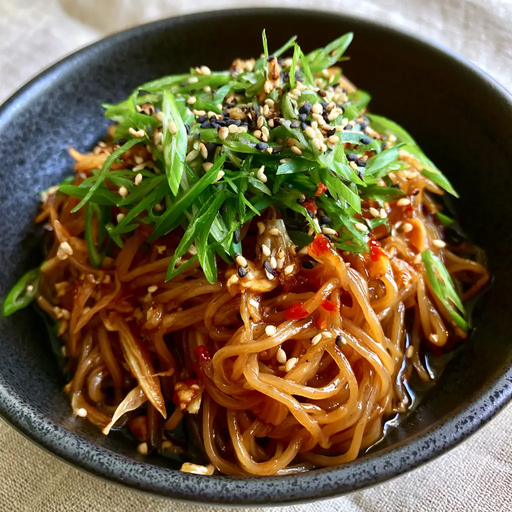 Asian Noodle Recipes: The Ultimate Glossy Garlic Sesame Bowl 2 Smartphone photo showing high-specular highlights on dark amber wheat noodles with red chili oil droplets. (Asian noodle recipes)