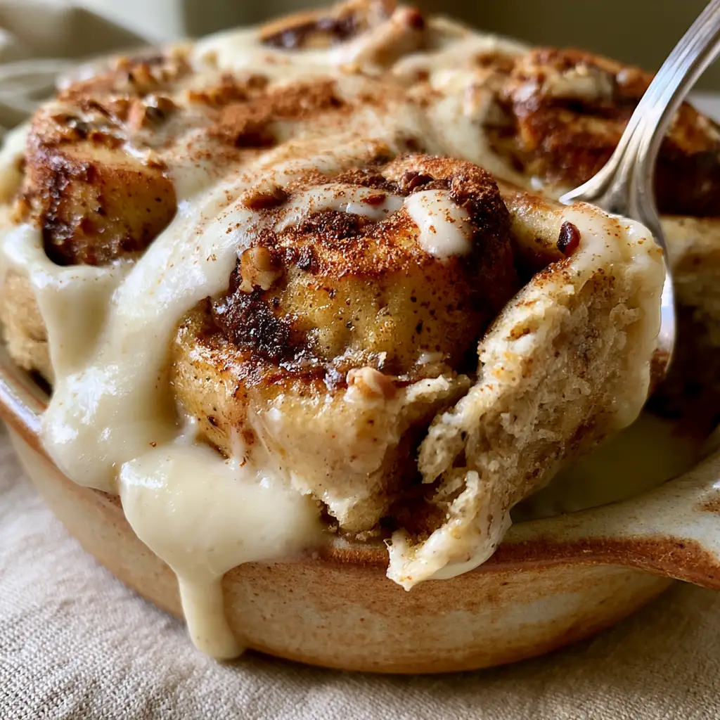 Banana Bread Cinnamon Rolls with Gooey Cream Cheese Frosting 2 Close-up of a silver server lifting a steaming banana bread cinnamon roll revealing a gooey moist interior crumb.