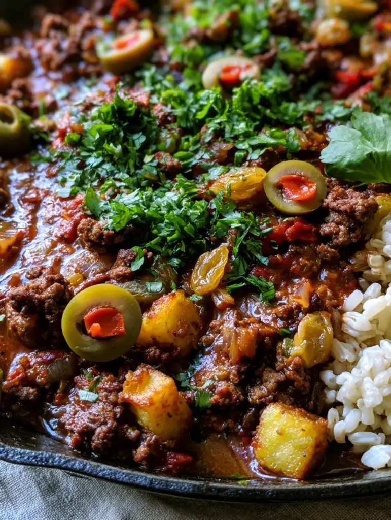 Cuban Picadillo: The Ultimate Savory Skillet with Crispy Potatoes 2 Close-up of deeply browned ground beef crumbles and pimento-stuffed olives in a glossy sauce. (Cuban picadillo)