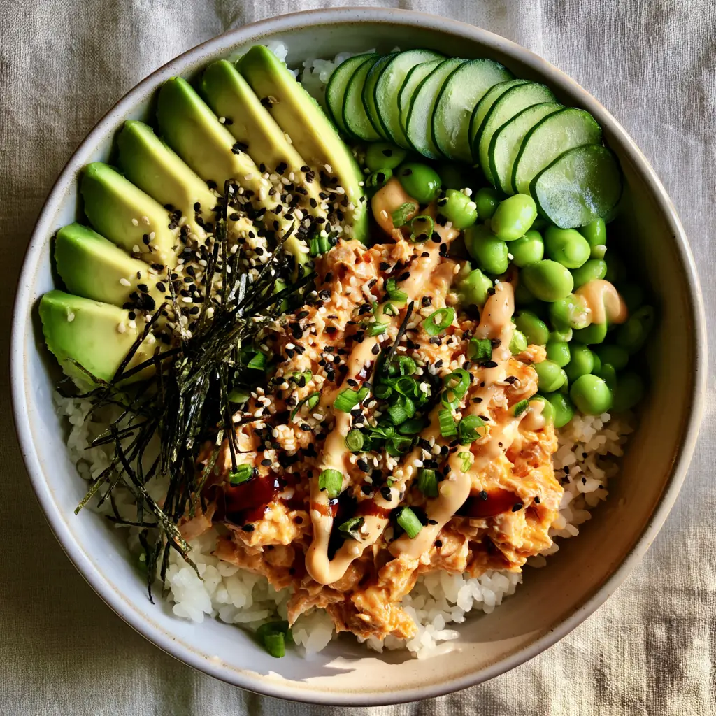 Close-up of fanned avocado, julienned nori, and sesame seeds on a Canned Tuna Bowl.