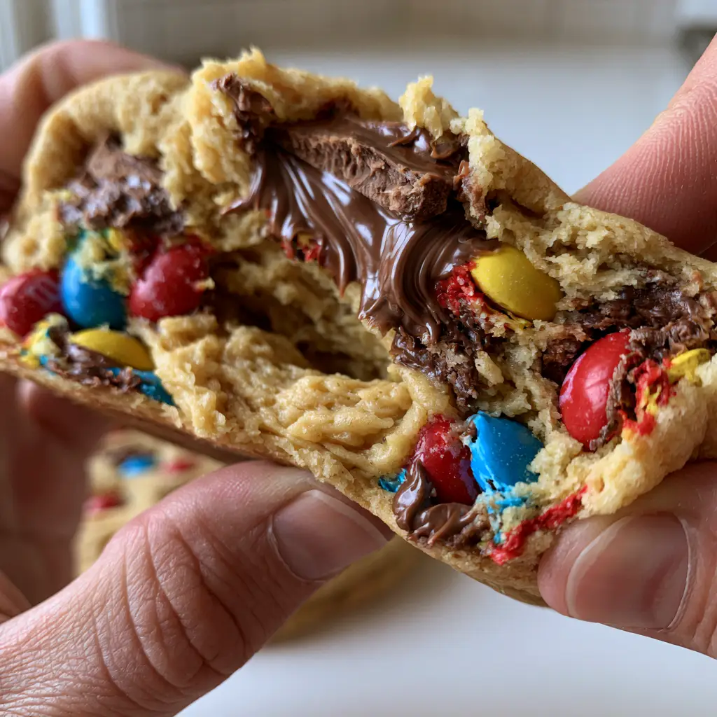 soft m&m chocolate chip cookies: The Ultimate Giant Bakery-Style Recipe 1 Close up of the warm golden cookie dough center of soft m&m chocolate chip cookies.