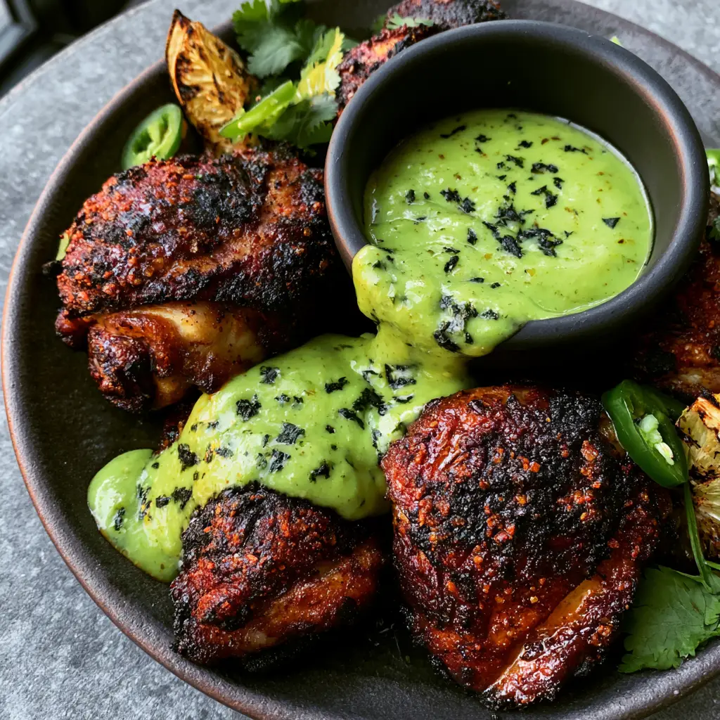Peruvian Chicken with Crispy Mahogany Skin and Creamy Aji Verde Sauce 1 Aji Verde sauce drizzled artfully over grilled chicken with fresh jalapeno slices and cilantro leaves.