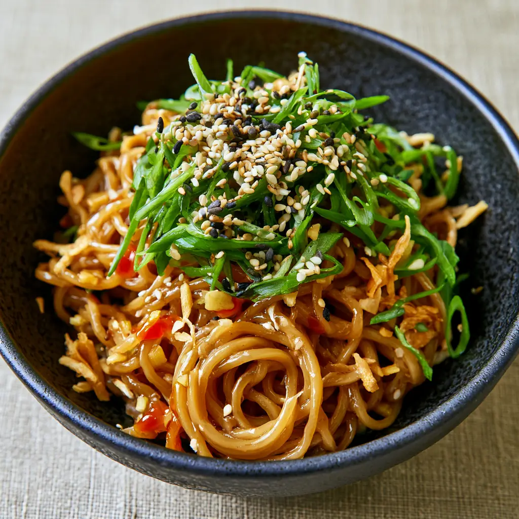 Asian Noodle Recipes: The Ultimate Glossy Garlic Sesame Bowl 1 Close up of fried garlic slivers and bias-cut green scallions over shimmering dark soy noodles.