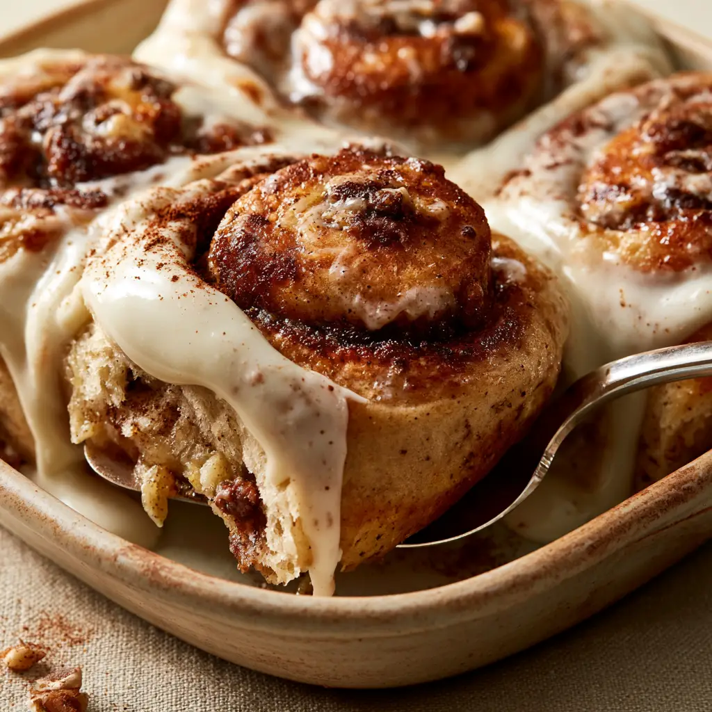 Banana Bread Cinnamon Rolls with Gooey Cream Cheese Frosting 1 Overhead view of banana bread cinnamon rolls with dark brown cinnamon-sugar swirls and thick drips of glossy cream cheese frosting.