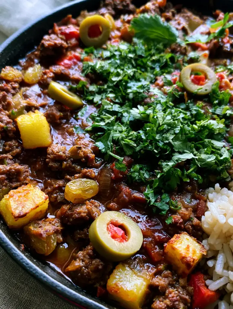 Cuban Picadillo: The Ultimate Savory Skillet with Crispy Potatoes 1 Authentic food photography of picadillo in a skillet next to a bowl of steamed white rice on a linen background.