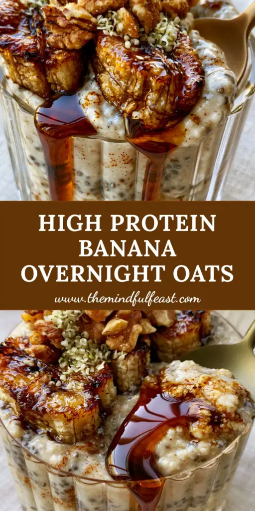 Banana Overnight Oats With Caramelized Pan-Seared Bananas 4 A chic ribbed glass jar filled with thick banana overnight oats, topped with caramelized seared bananas, walnuts, and maple syrup. (banana overnight oats)