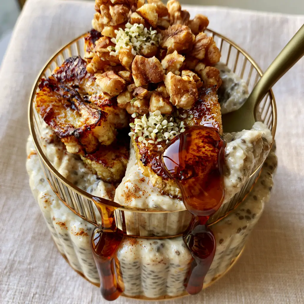 Banana Overnight Oats With Caramelized Pan-Seared Bananas 2 Close-up of a spoon lifting thick, creamy banana overnight oats from a glass jar with visible cinnamon flecks and chia seeds. (banana overnight oats)