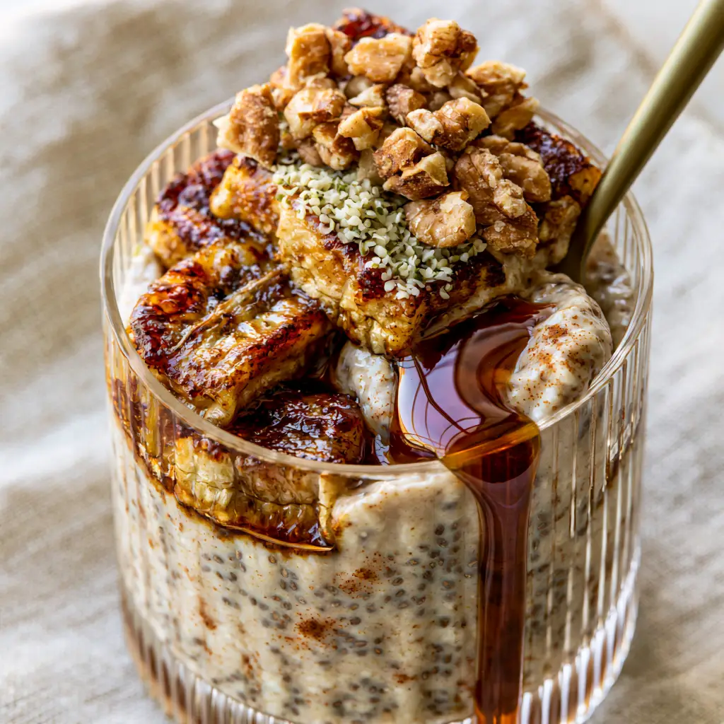 Banana Overnight Oats With Caramelized Pan-Seared Bananas 1 Overhead view of pan-seared banana slices with golden charred edges and maple syrup drizzle on overnight oats.
