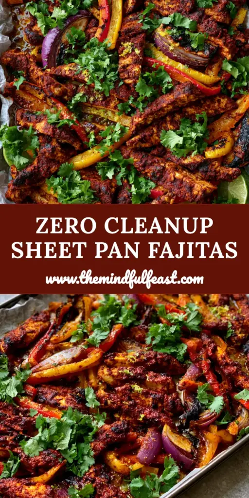 Sheet Pan Chicken Fajitas: The Ultimate Smoky One-Pan Dinner 4 A top-down view of Sheet Pan Chicken Fajitas on a dark metallic pan with charred peppers, smoked paprika chicken, and fresh cilantro garnish.