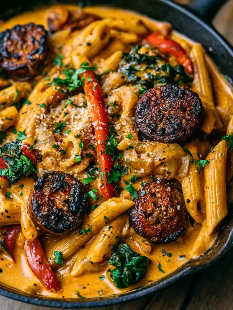 Creamy Spicy Cajun Sausage Pasta: The Ultimate One-Skillet Comfort Meal 1 Close-up of penne pasta tossed in a thick Cajun cream sauce with red peppers and spinach.