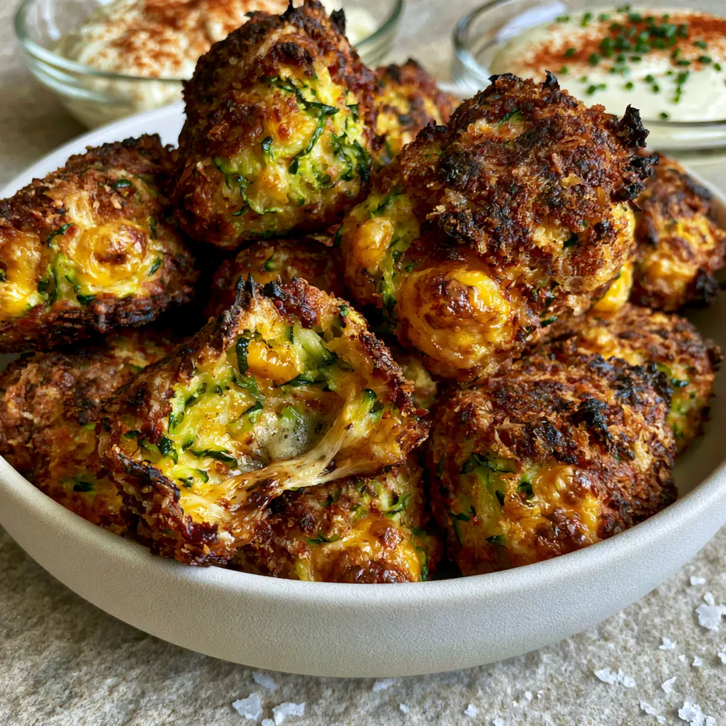 Cheesy Zucchini Tots with Garlic Aioli: The Ultimate Crispy Guide 2 Extreme macro close-up of cheesy zucchini tots showing charred edges and emerald green zucchini strands. (cheesy zucchini tots)