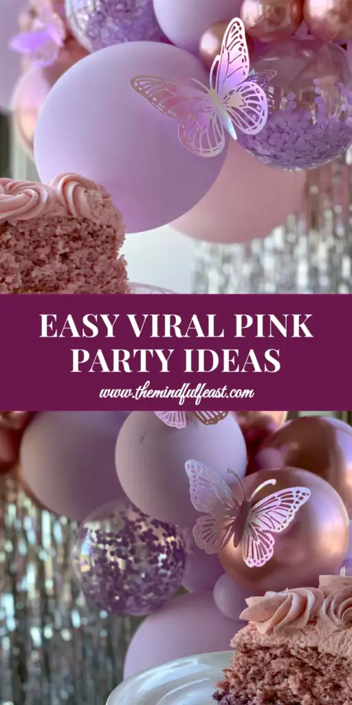 Pink and purple birthday party ideas: The Ultimate Ombre Layer Cake Guide 4 A stunning macro shot of pink and purple birthday party ideas featuring a balloon garland, laser-cut butterflies, and a slice of ombre cake on a white plate.