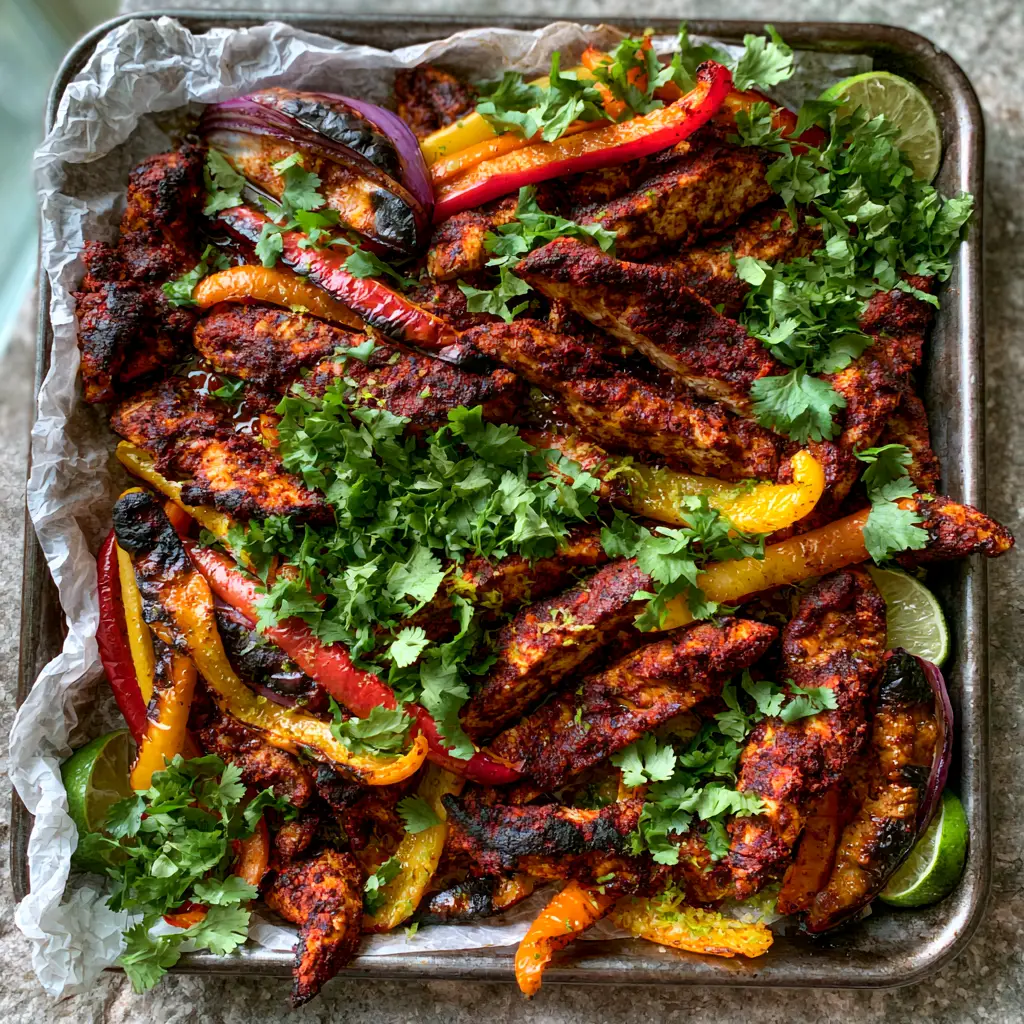 Sheet Pan Chicken Fajitas: The Ultimate Smoky One-Pan Dinner 2 Handheld smartphone photo of Sheet Pan Chicken Fajitas with sizzling chicken strips and bright lime wedges on parchment paper.