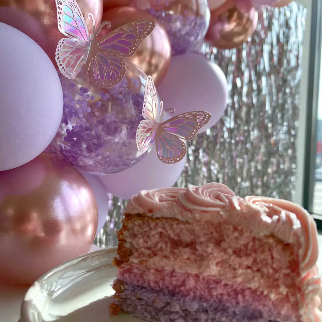 Pink and purple birthday party ideas: The Ultimate Ombre Layer Cake Guide 2 Close-up of matte lavender and metallic rose gold balloons with purple confetti for pink and purple birthday party ideas.