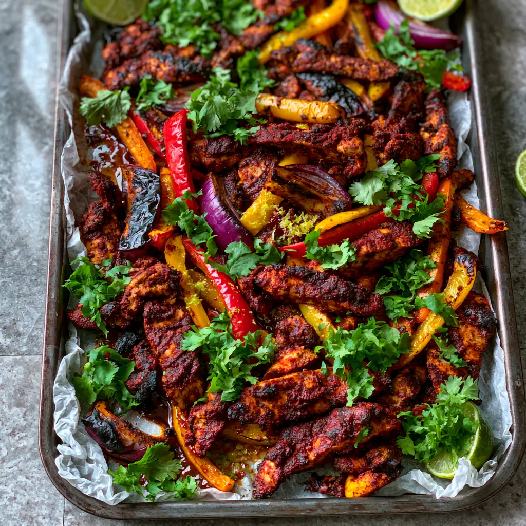 Sheet Pan Chicken Fajitas: The Ultimate Smoky One-Pan Dinner 1 Close-up of blistered bell peppers and smoky chicken breast strips on a dark sheet pan for Sheet Pan Chicken Fajitas.