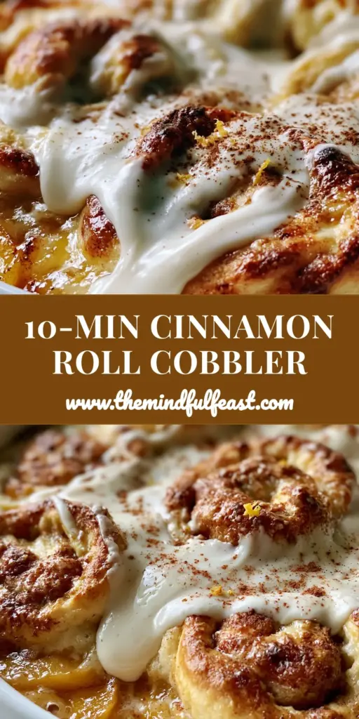 A stack of golden-brown peach cobbler cinnamon rolls in a white dish with bubbling syrup and white glaze.
