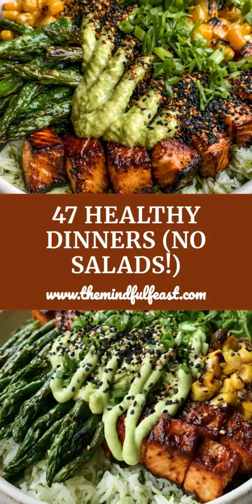 Healthy Dinner Ideas: Honey-Garlic Salmon Bowls with Lemon-Cilantro Rice 3 A vibrant honey-garlic salmon bowl with lemon-cilantro rice, blistered asparagus, and avocado crema zig-zag drizzle. (Healthy dinner ideas)