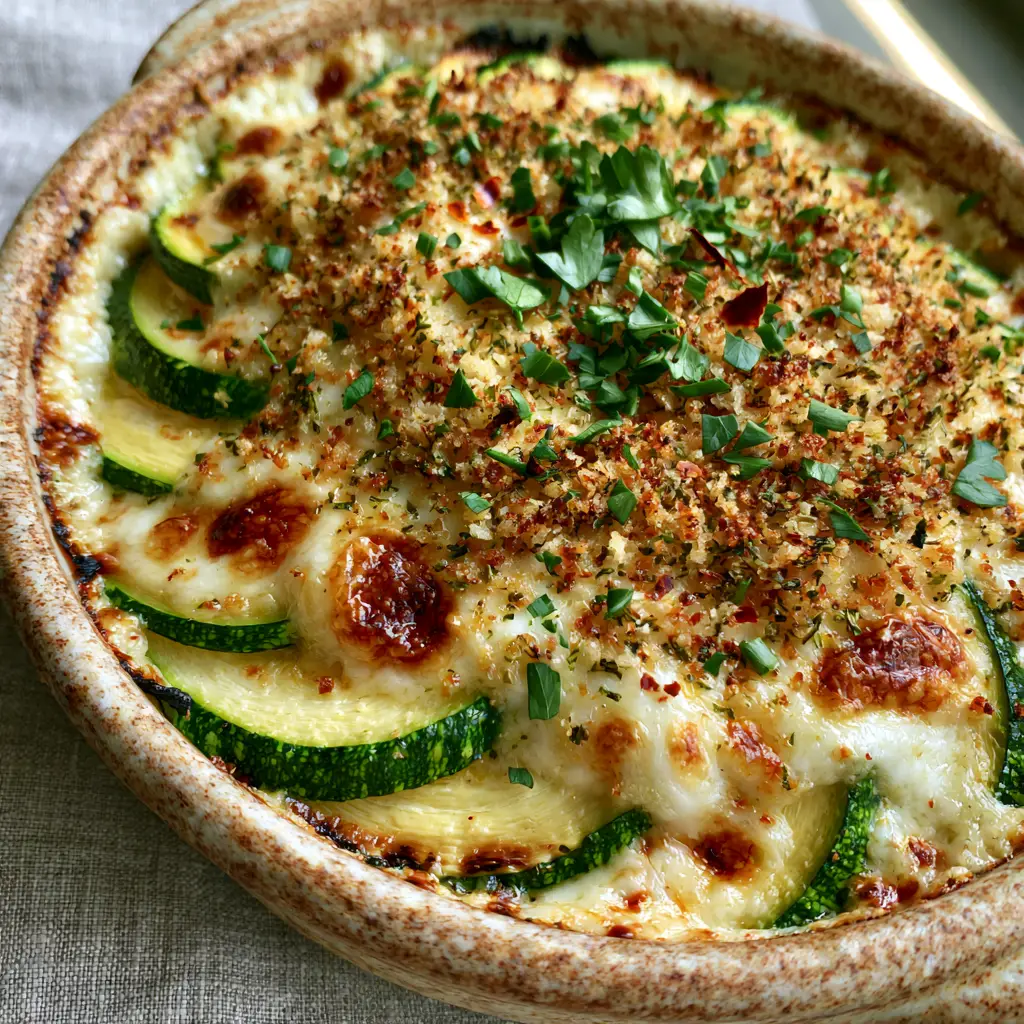 Baked Zucchini and Cheese Casserole with a Crispy Herb Crust 2 Close-up of thin-sliced green and yellow zucchini rounds in a Baked zucchini and cheese casserole with toasted breadcrumb herb topping. (Baked zucchini and cheese casserole)