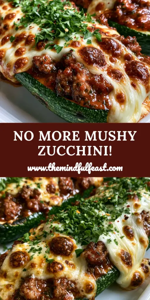 Stuffed Zucchini Recipe with Bubbly Mozzarella and Herb-Infused Beef 4 Close up of three roasted zucchini boats overflowing with ground beef and bubbly mozzarella cheese. (stuffed zucchini recipe)