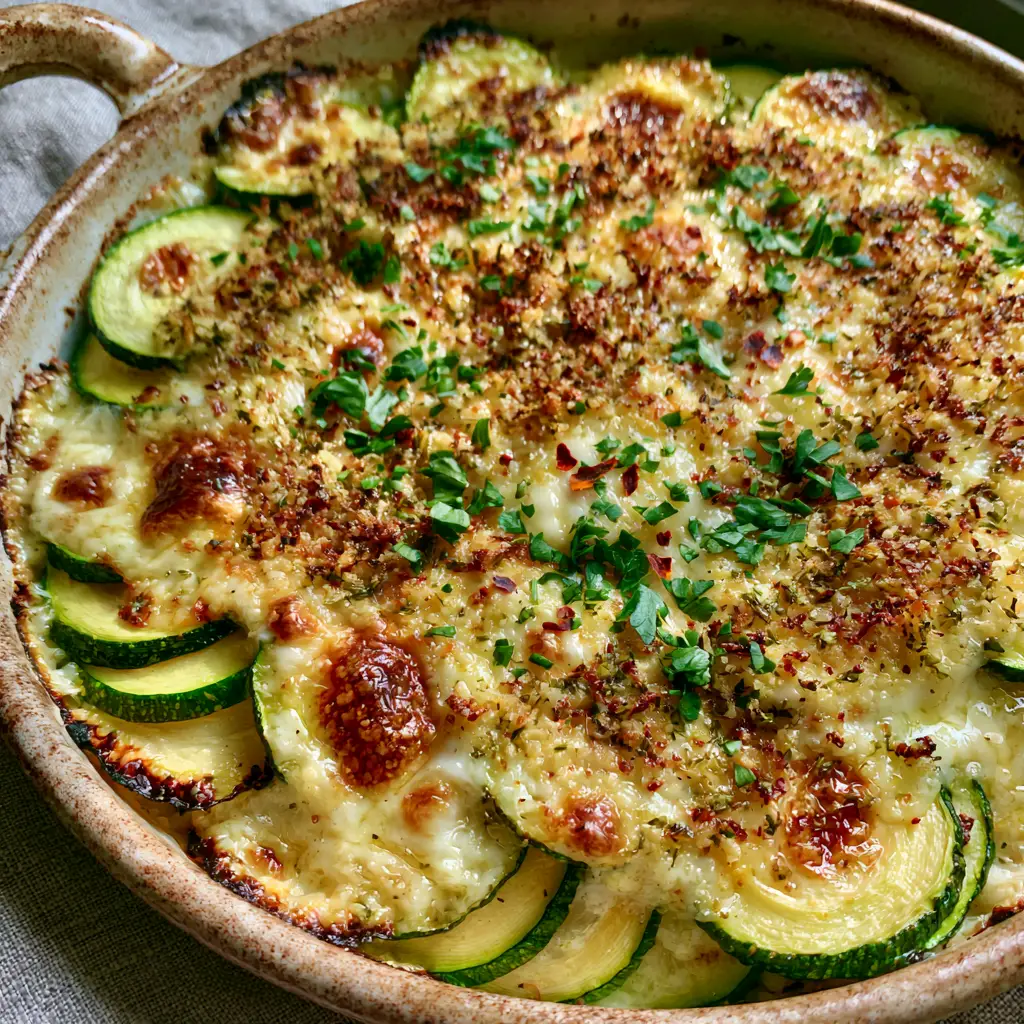 Baked Zucchini and Cheese Casserole with a Crispy Herb Crust 1 A golden-brown zucchini gratin with visible red pepper flakes and fresh parsley garnish in a white ceramic dish.