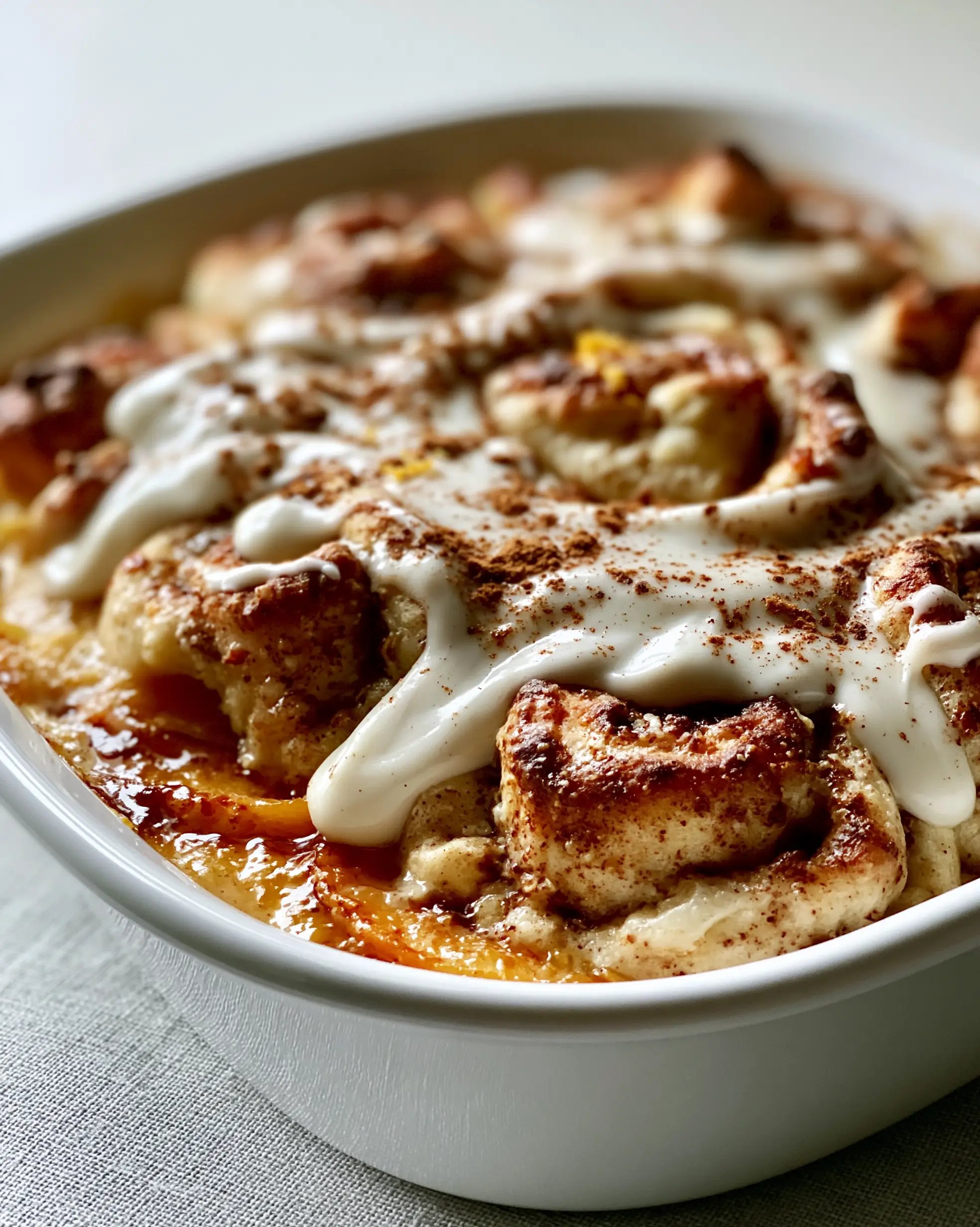 Macro shot of peach cobbler cinnamon rolls showing gooey centers and glistening peaches. (peach cobbler cinnamon rolls)
